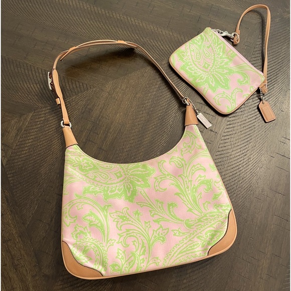 Coach Handbags - Rare Coach Paisley pink and green Girlie Bag and matching wristlet.